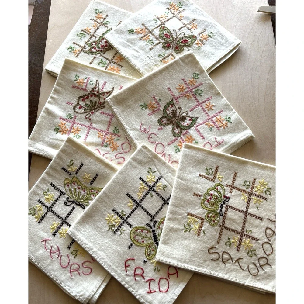 Vtg Days of the Week Kitchen Towels Sunday-Saturday Butterfly Hand Embroidered